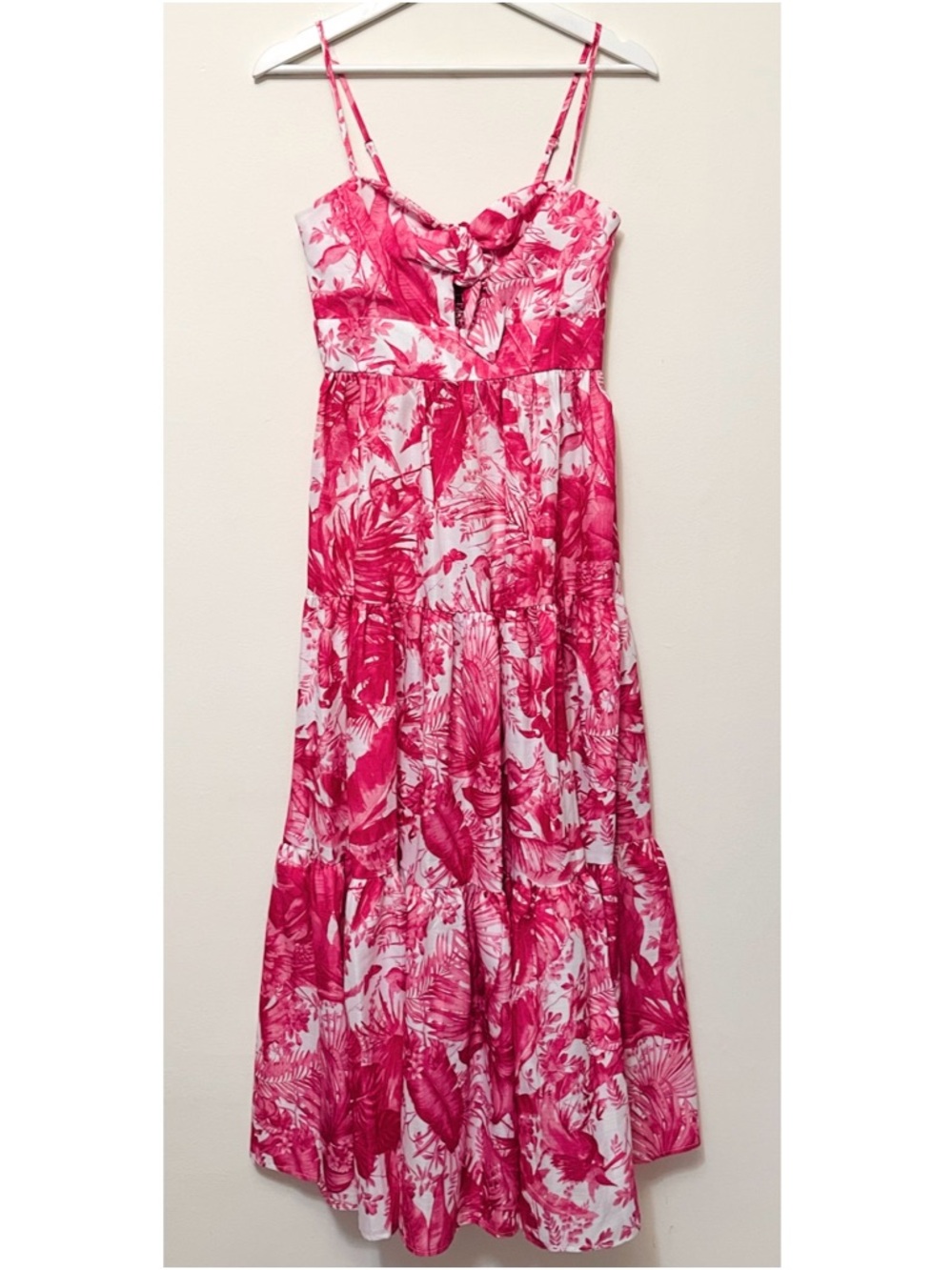 Aqua • XS • Tie Front Tiered Maxi Sundress Pink & White Tropical Print